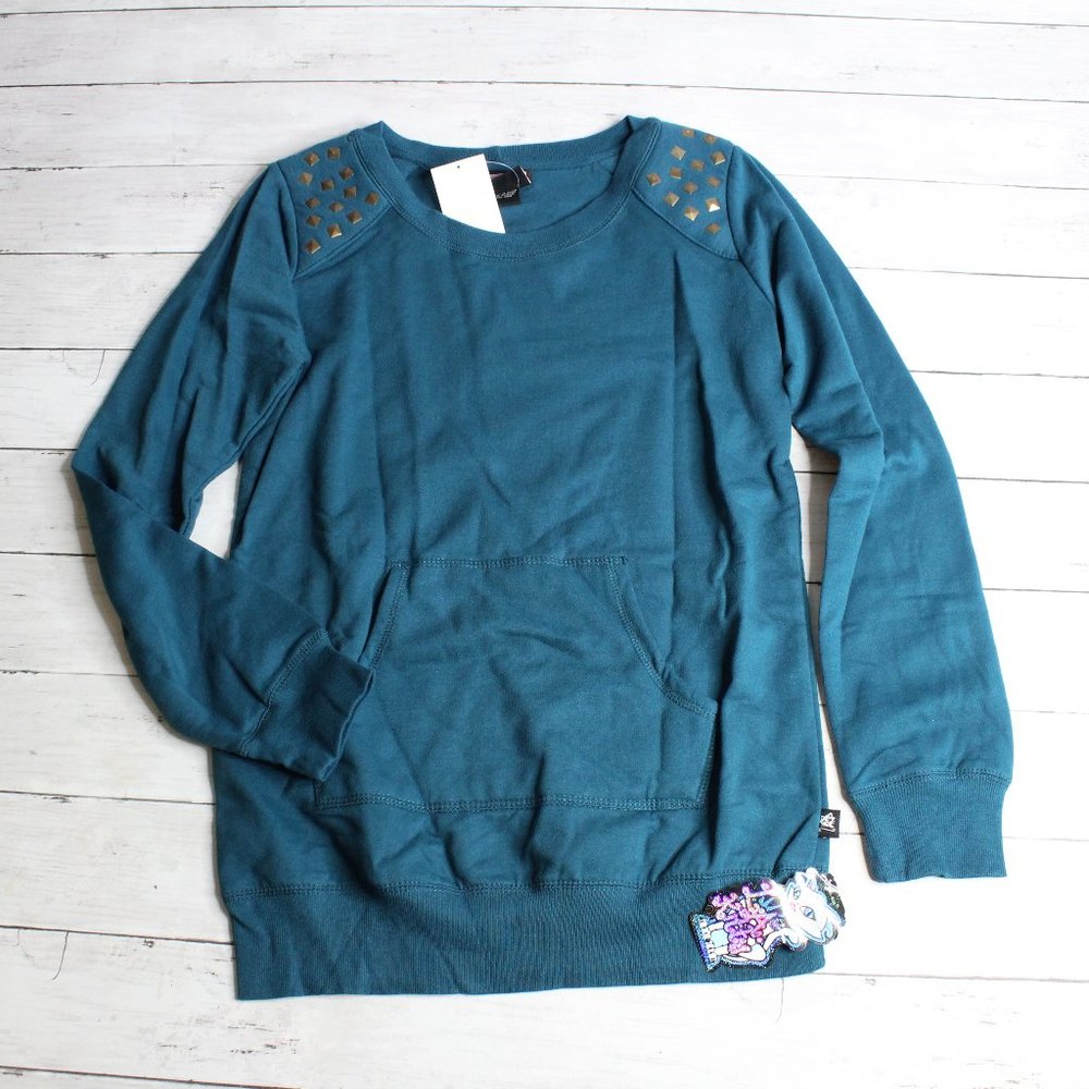 LA Kitty Women's Pullover Sweatshirt Top Size L Blue Goth Punk Studded